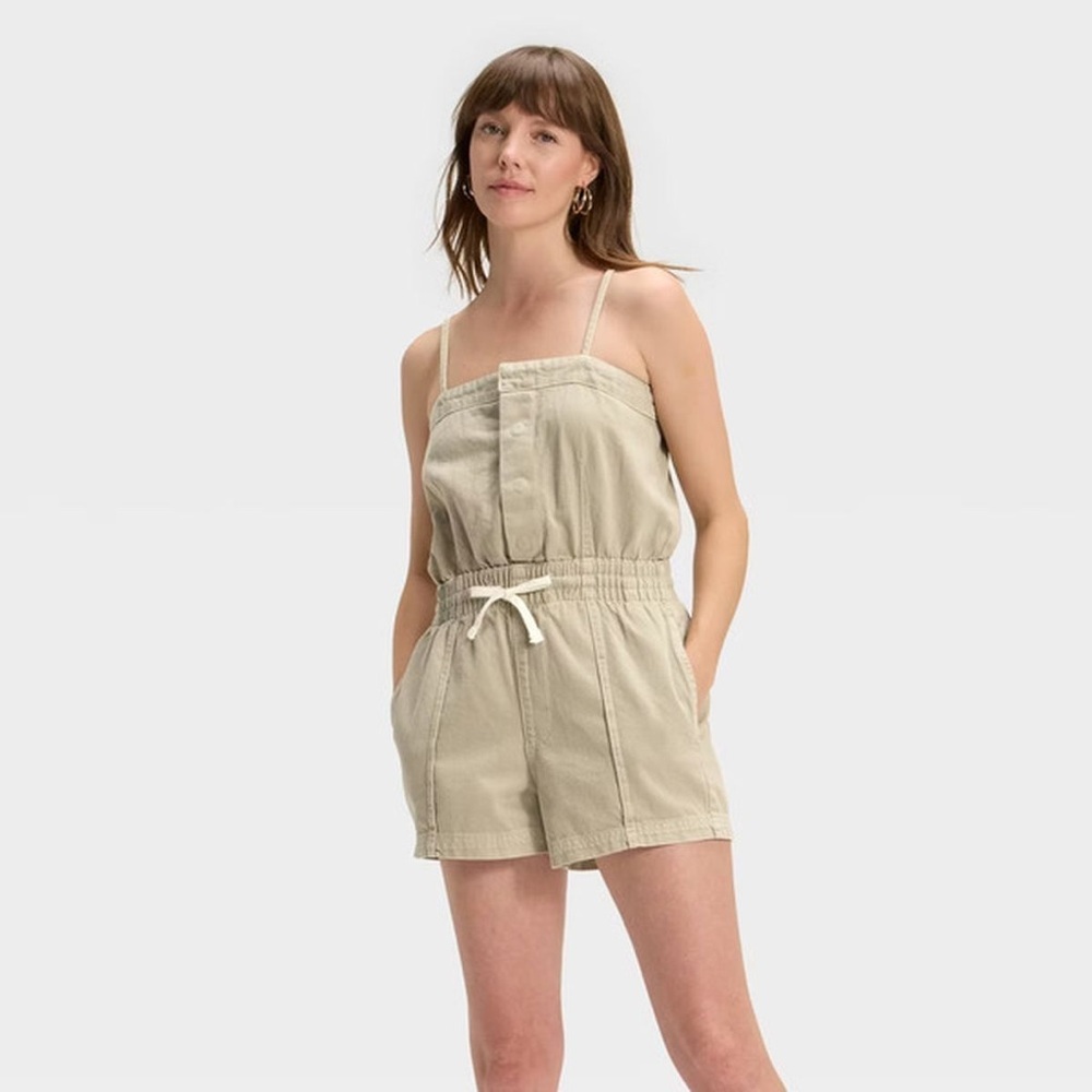 NWT Women's Denim Beach Romper - Universal Thread Khaki Green Large